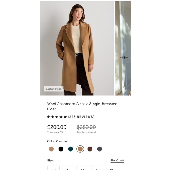 Quince Wool Cashmere Classic Single-Breasted Coat Caramel Tan Small NWT - Picture 6 of 6